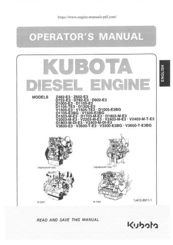 Kubota Diesel Engine D1105-TE3 D1305-E3V1505-E3V1505-TE3 D1005-E3BG D1105-E3BG Operators  Manual