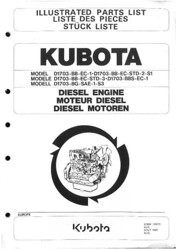 Kubota Diesel Engine D1703-BB-EC-1, D1703-BB-EC-STD-2-S1, D1703-BB-EC-STD-3, D1703-BBS-EC-1,