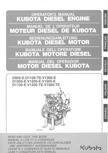 Kubota Diesel Engine D905-E D1105-TE V1305-E D1005-E V1205-E Operators Manual ORIGINAL