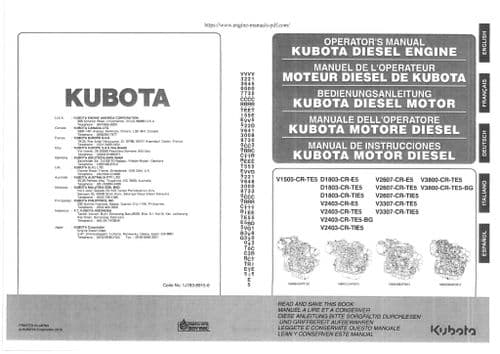 Kubota Diesel Engine V1505-CR-TE5 D1803-CR-E5 D1803-CR-TE5 D1803-CR TIE5 Operators Manual