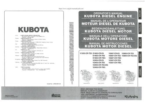 Kubota Diesel Engine V2403-CR-E5 V2403-CR-TE5 V2403-CR-TE5-BG V2403-CR-TIE5 Operators Manual