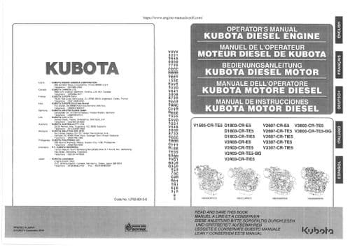 Kubota Diesel Engine V2607-CR-E5 V2607-CR-TE5 V2607-CR-TIE5 V3307-CR-TE5 Operators Manual