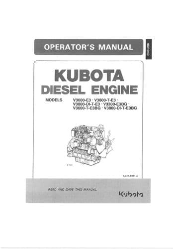 Kubota Diesel Engine V3600-E3 V3600-T-E3 V3800-DI-T-E3 V3300-E3BG  Operators Manual