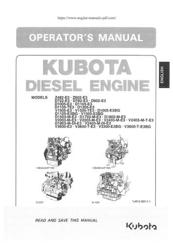 Kubota Diesel Engine V3600-E3 V3600-TE3 V3300-E3BG V3600-TE3BG Operators Manual