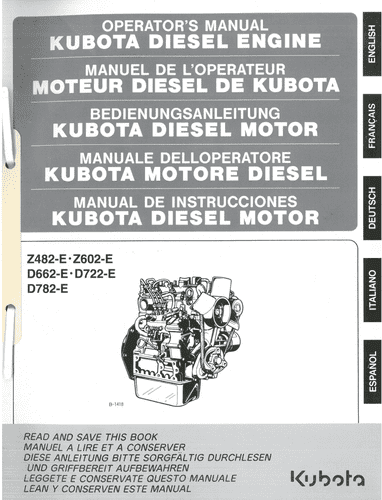 Kubota Diesel Engine Z482-E Z602-E D662-E D722-E D782-E Operators Manual