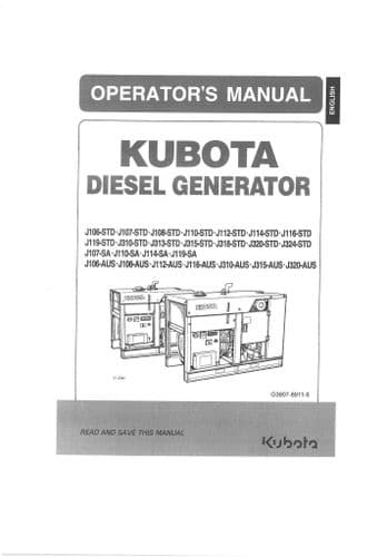 Kubota Diesel Generator J320-STD J324-STD J107-SA J110-SA J114-SA J119-SA  Operators Manual