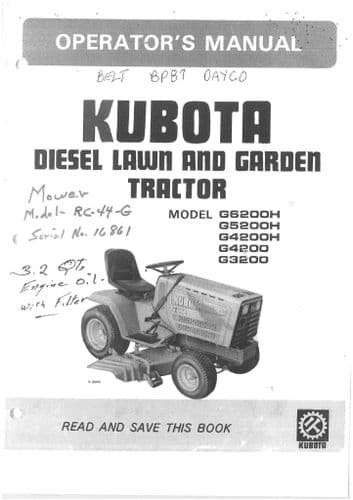 Kubota Diesel Lawn & Garden  Tractor G6200H G5200H G4200H G4200 G3200 Operators Manual