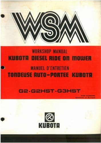 Kubota Diesel Ride On Mower G2, G2HST & G3HST Workshop Service Manual