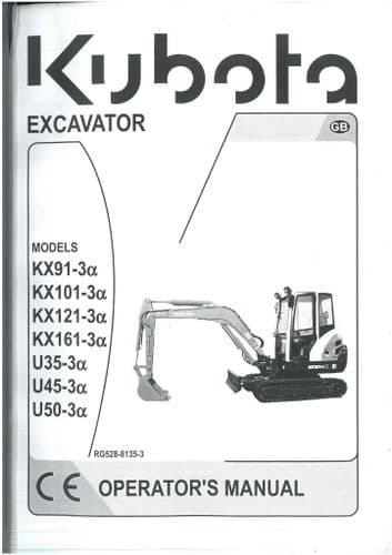 Kubota Excavator KX91-3a KX101-3a KX121-3a KX161-3a U35-3a U45-3a U50-3a Operators Manual