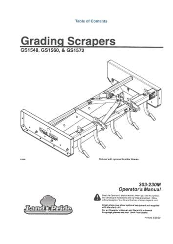 Kubota Land Pride Grading Scraper GS1548 GS1560 GS1572 Operators Manual