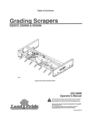 Kubota Land Pride Grading Scraper GS2572 GS2584 GS2596 Operators Manual
