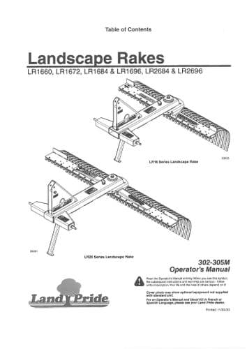 Kubota Land Pride Landscape Rakes LR1660 LR1672 LR1684 LR1696 LR2684 LR2696 Operators Manual