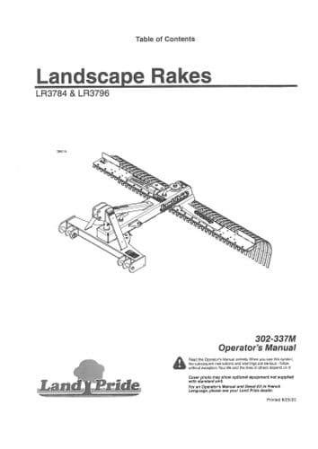 Kubota Land Pride Landscape Rakes LR3784 LR3796 Operators Manual