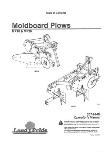 Kubota Land Pride Moldboard Ploughs MP10 MP20 Operators Manual