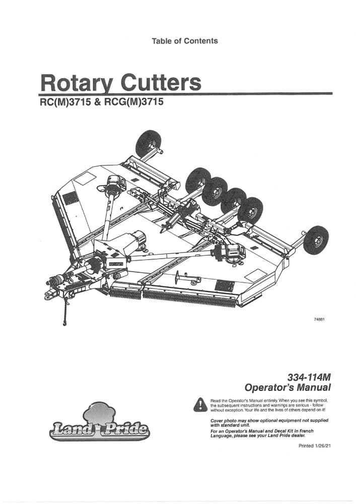 Kubota Land Pride Rotary Cutter RC M 3715 & RCG M 3715 Operators Manual