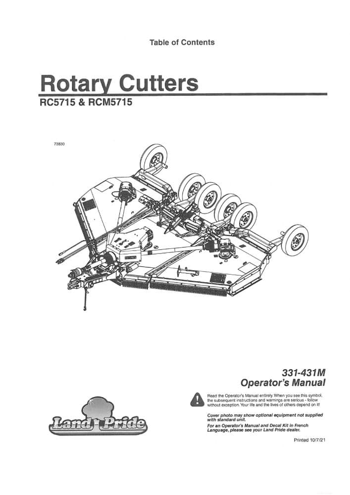Kubota Land Pride Rotary Cutter RC5715 & RCM5715 Operators Manual