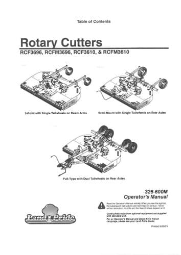 Kubota Land Pride Rotary Cutter RCF3696 RCFM3696 RCF3610 RCFM3610 Operators Manual