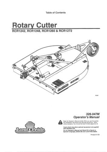 Kubota Land Pride Rotary Cutter RCR1242 RCR1248 RCR1260 RCR1272 Operators Manual