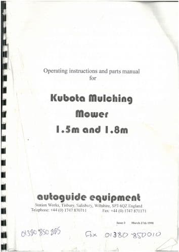 Kubota Mulching Mower 1.5m & 1.8m Operators Manual & Spare Parts List