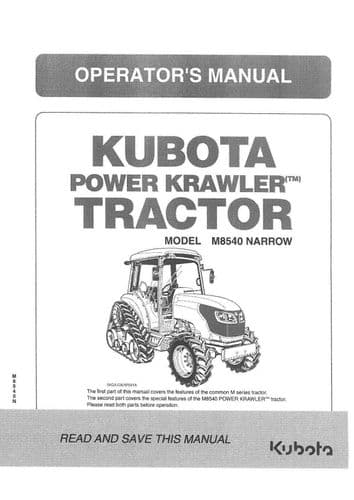 Kubota power Krawler Tractor  M8540 Narrow Operators Manual M 8540