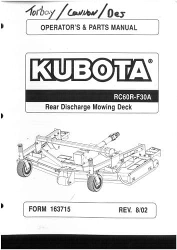 Kubota Rear Discharge Mowing Deck RC60R-F30A Operators Manual & Spare Parts List