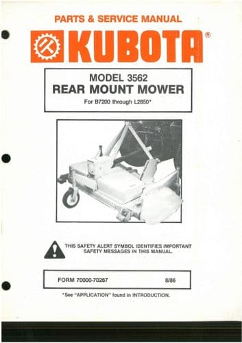 Kubota Rear Mounted Mower 3562 Tractor Service Manual & Parts List