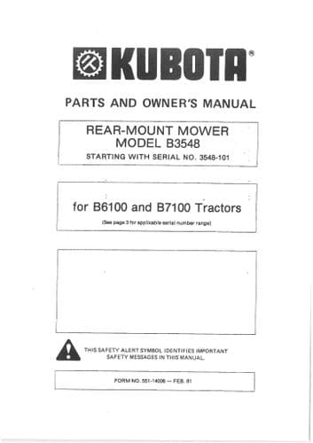 Kubota Rear Mounted Mower B3548 for B6100 & B7100 Tractor Operators Manual & Parts List B 3548