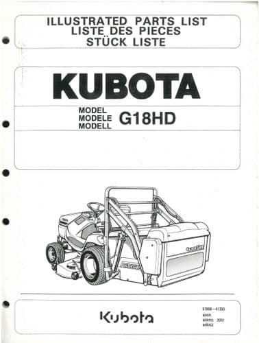 Kubota Ride on Mower Garden Tractor G18HD Parts Manual