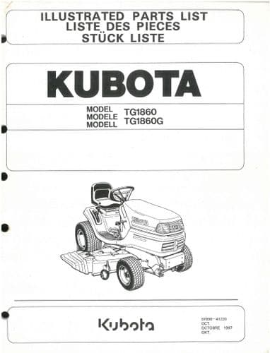 Kubota Ride on Mower Garden Tractor TG1860 & TG1860G Parts Manual
