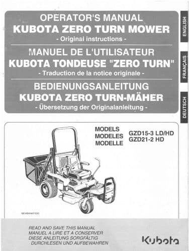 Kubota Ride on Mower GZD15-3 LD, GZD15-3 HD, GZD21-2 HD Parts Manual
