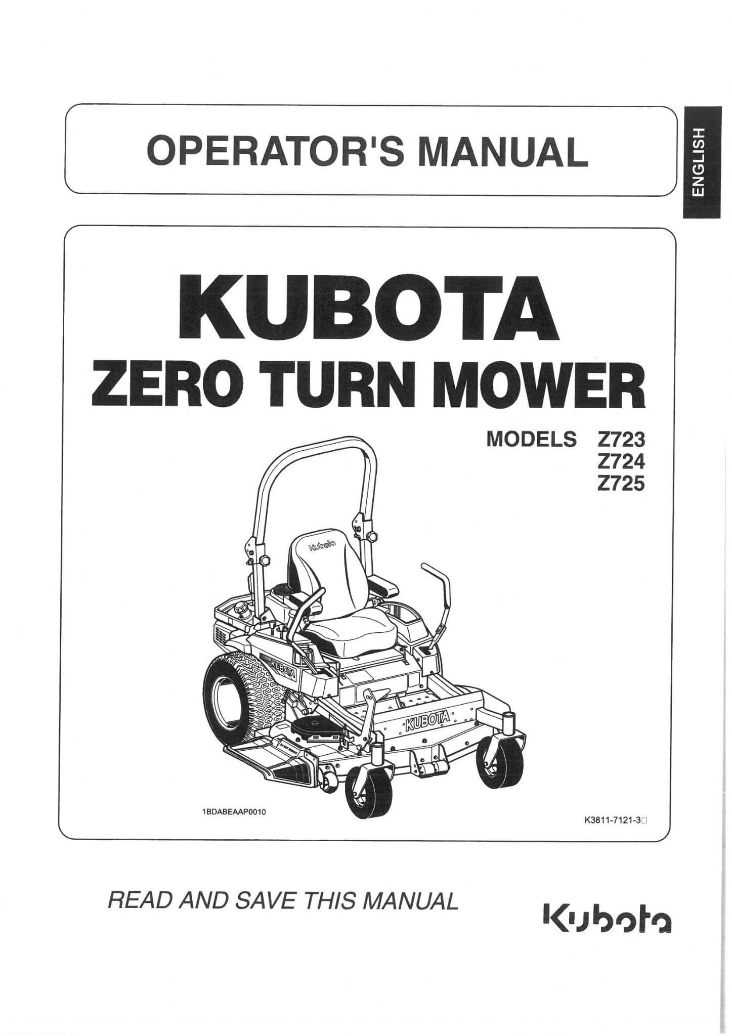 Kubota Ride on Mower Zero Turn Z723 Z724 Z725 Operators Manual