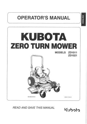 Kubota Ride on Mower Zero Turn ZD1011 ZD1021 Operators Manual