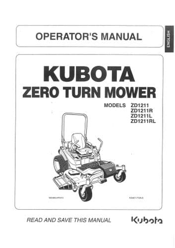 Kubota Ride on Mower Zero Turn ZD1211 ZD1211R ZD1211L ZD1211RL Operators Manual  ZD 1211 R L RL