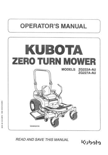 Kubota Ride on Mower ZG222A-AU ZG227A-AU Operators Manual  ZG 222 227 A AU