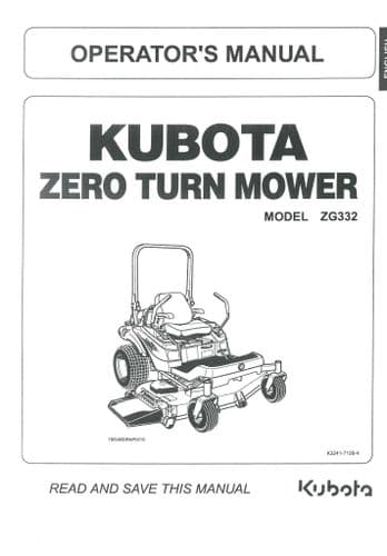Kubota Ride on Mower ZG332 Operators Manual ZG 332