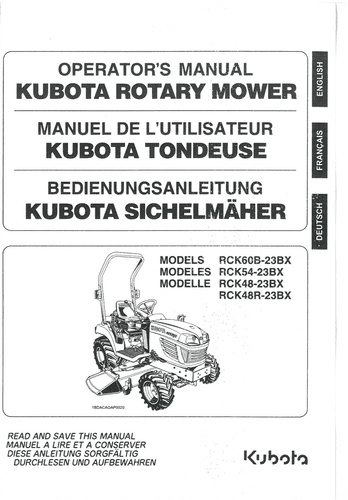 Kubota Rotary Mower RCK60B-23BX, RCK54-23BX, RCK48-23BX & RCK48R-23BX Operators Manual
