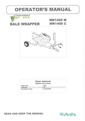 Kubota Round Bale Wrapper WR1400M WR1400C Operators Manual