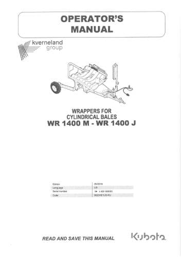 Kubota Round Bale Wrapper WR1400M WR1400J Operators Manual