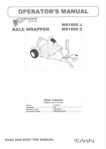 Kubota Round Bale Wrapper WR1600J WR1600C Operators Manual