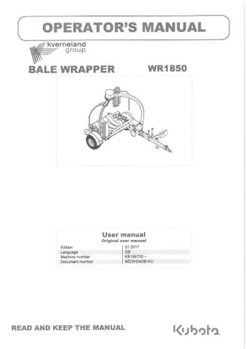 Kubota Round Bale Wrapper WR1850 Operators Manual