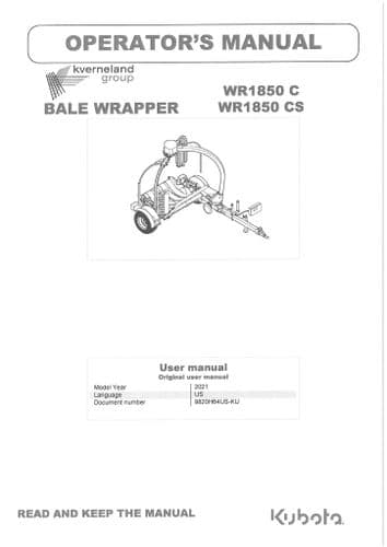 Kubota Round Bale Wrapper WR1850C WR1850CS Operators Manual