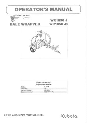 Kubota Round Bale Wrapper WR1850J WR1850J2 Operators Manual