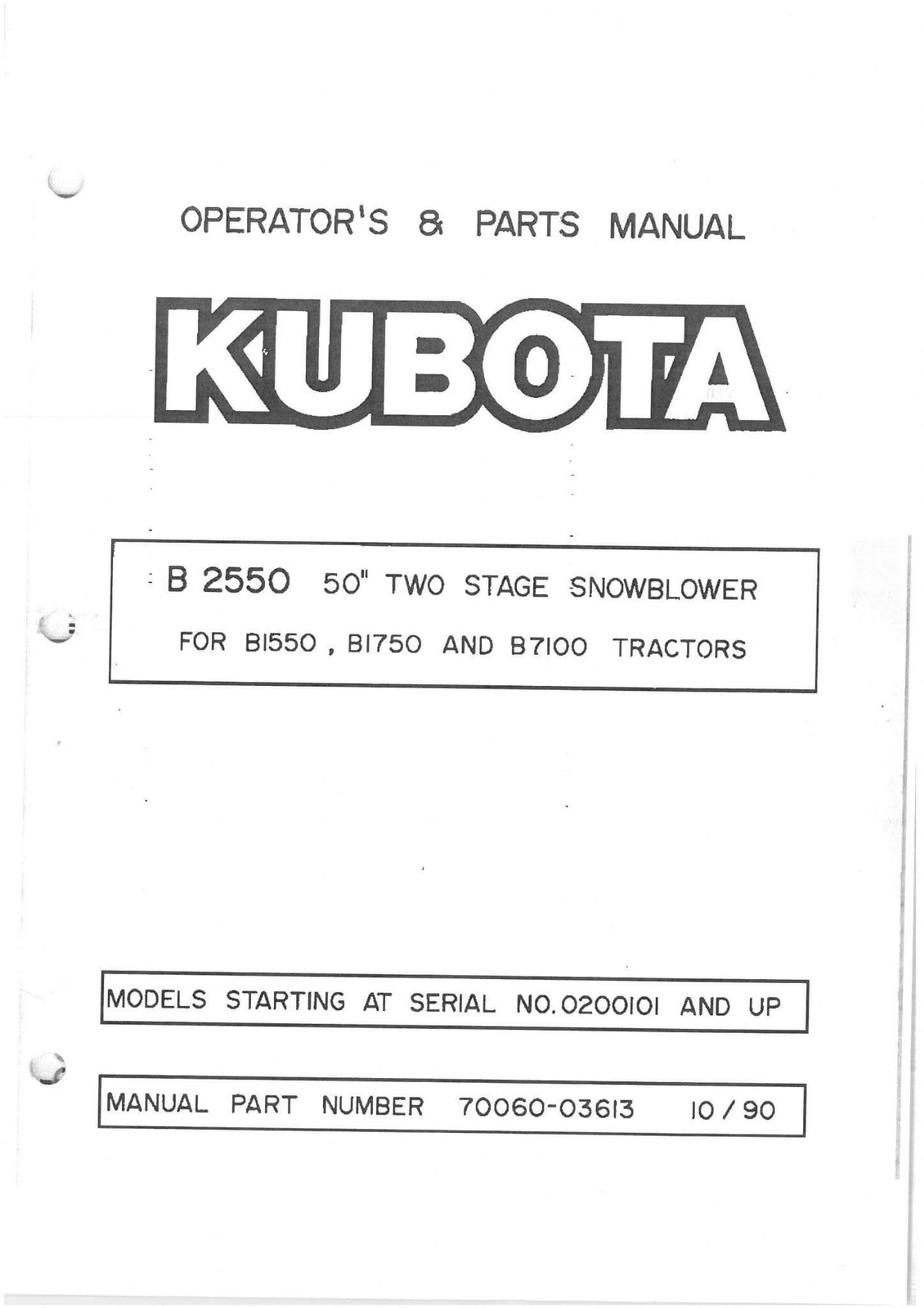 Kubota Snow Blower B2550 50" for B1550 B1750 & B7100 Tractor Operators