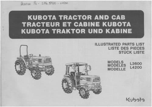 Kubota Tractor & Cab L3600 L4200 Parts Manual L 3600 4200 - ORIGINAL MANUAL