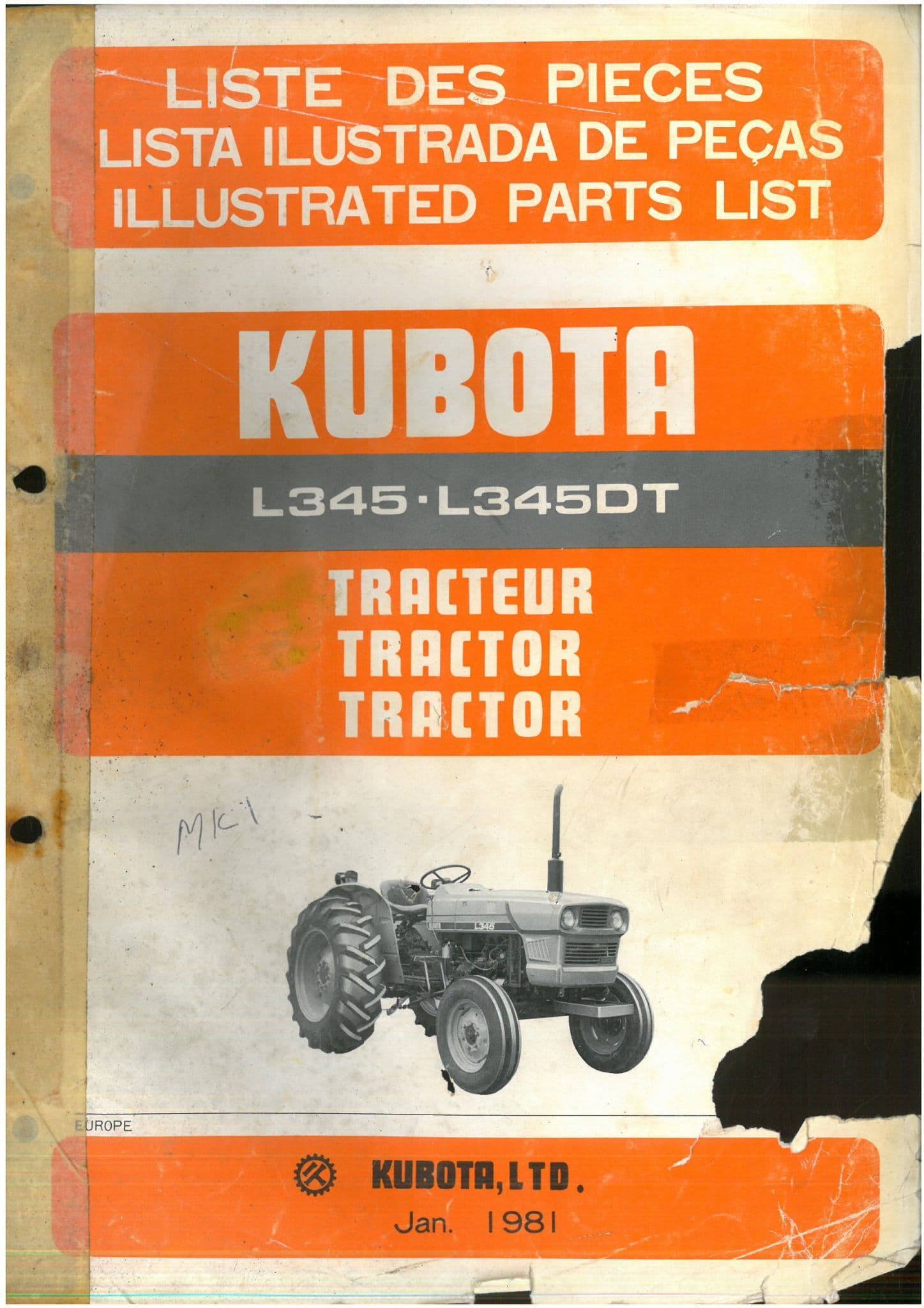 Kubota Tractor L345 & L345DT Parts Manual L 345 DT