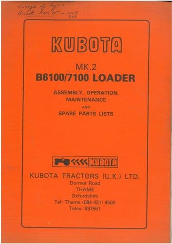 Kubota Tractor  Loader B6100 B7100 Operators Manual B 6100 7100