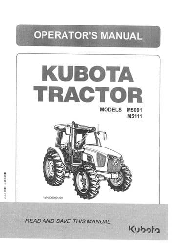 Kubota Tractor M5091 M5111 Operators Manual M 5091 5111