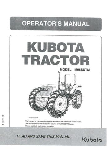 Kubota Tractor  M96SDTM Operators Manual M 96 SDTM