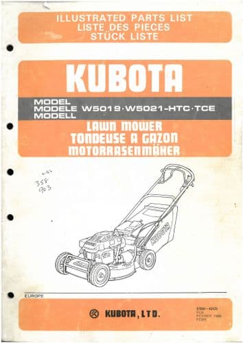 Kubota Walk Behind Lawn Mower W5019 & W5021 HTC CTE Parts Manual - W 5019 5021