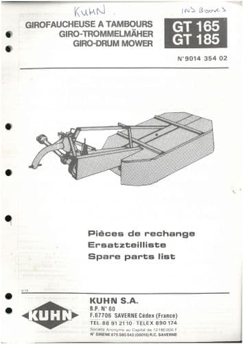 Kuhn Giro Drum Mower GT165 GT185 Parts Manual
